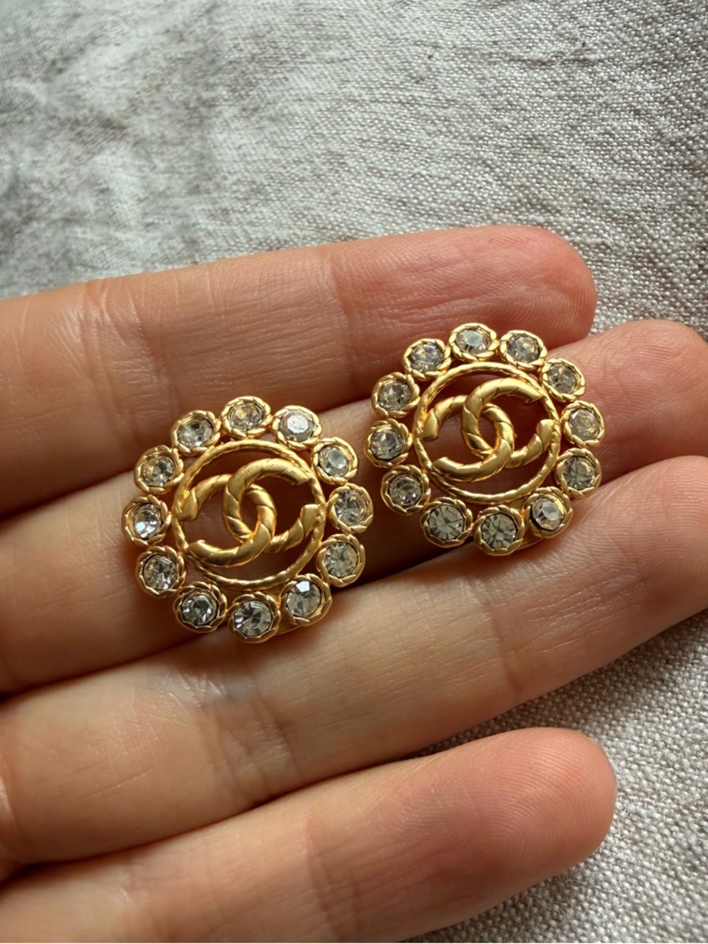 CHANEL Gold-Tone CC Logo Crystal Halo Earrings - Picture 5 of 11